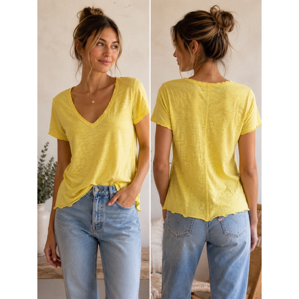 Maeve Anthropologie Yellow V-Neck Slub Cotton T-Shirt Lettuce Hem Med OB1173568